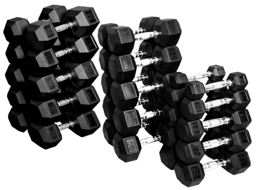 French Fitness Rubber Coated Hex Dumbbell Set 5-75 lbs