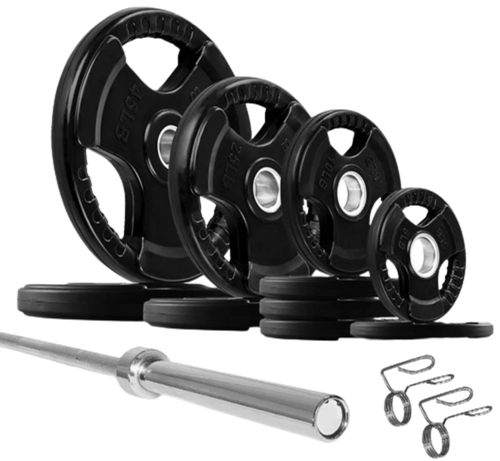 French Fitness Rubber Grip Weight Plate Set w/7 ft Olympic Bar 235 lbs