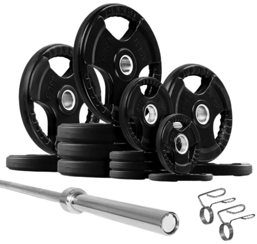 French Fitness Rubber Grip Weight Plate Set w/7 ft Olympic Bar 395 lbs