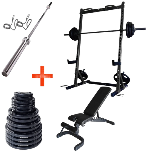 French Fitness Rubber Grip Weight Plate Set w/7 ft Bar 395 lbs + Rack + Bench