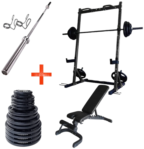French Fitness Rubber Grip Weight Plate Set w/7 ft Bar 395 lbs + Rack + Bench