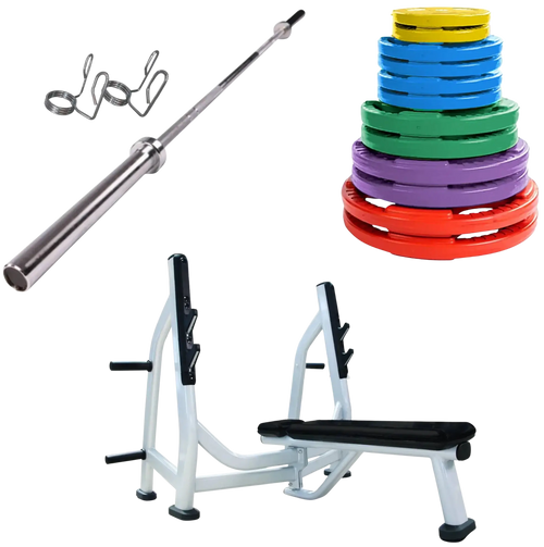 French Fitness Colored Rubber Grip Weight Plate Set w/7 ft Olympic Bar 305 lbs + Bench