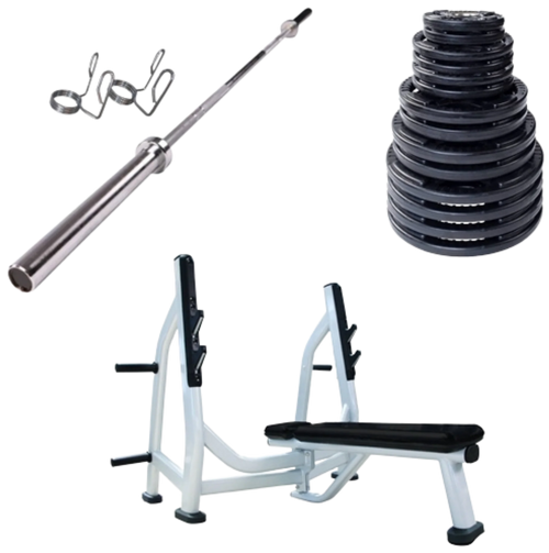 French Fitness Rubber Grip Weight Plate Set w/7 ft Olympic Bar 395 lbs + Bench