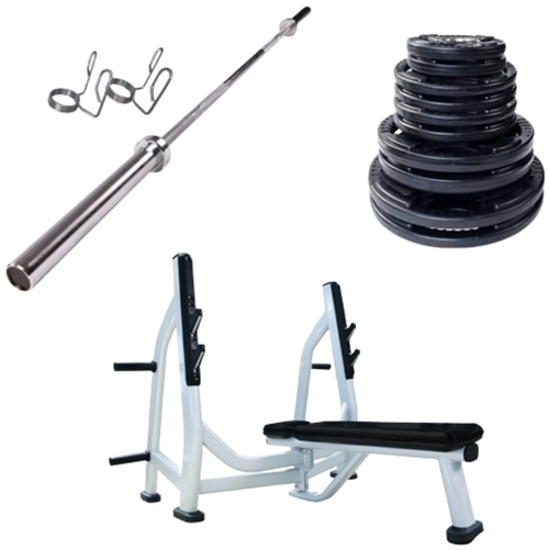 French Fitness Rubber Grip Weight Plate Set w/7 ft Olympic Bar 235 lbs + Bench