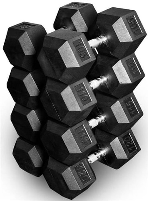 French Fitness Rubber Coated Hex Dumbbell Set 105-120 lbs