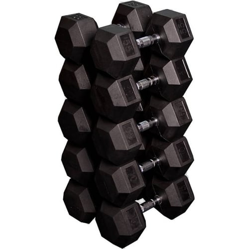 French Fitness Rubber Coated Hex Dumbbell Set 55-75 lbs