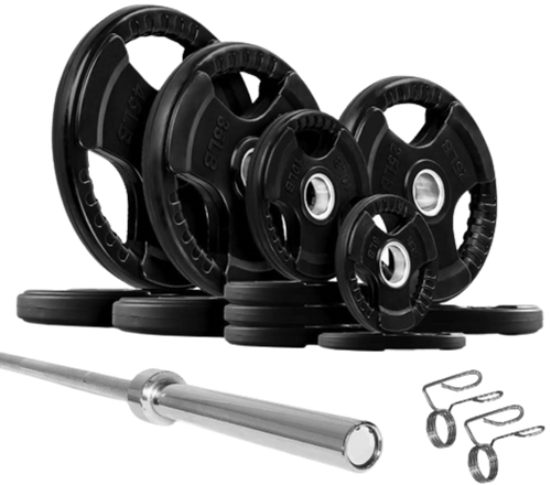 French Fitness Rubber Grip Weight Plate Set w/7 ft Olympic Bar 305 lbs