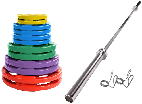 French Fitness Colored Rubber Grip Weight Plate Set w/7 ft Olympic Bar 305 lbs