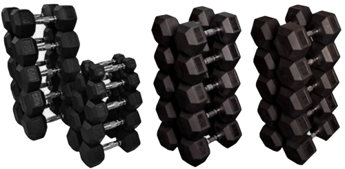 French Fitness Rubber Coated Hex Dumbbell Set 5-100 lbs