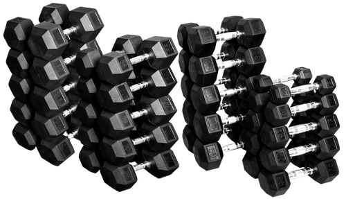 French Fitness Rubber Coated Hex Dumbbell Set 5-100 lbs