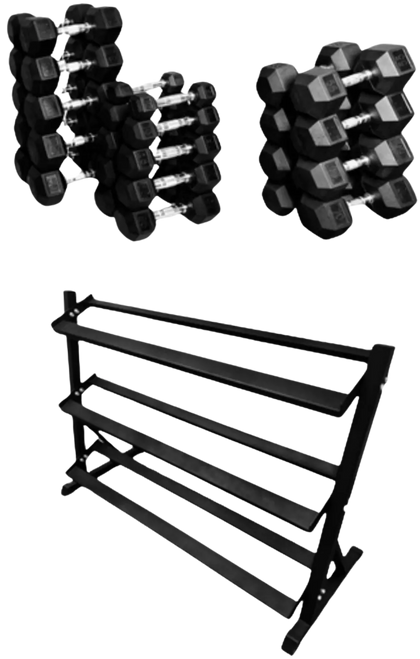 French Fitness Rubber Coated Hex Dumbbell Set 5-70 lbs w/Rack