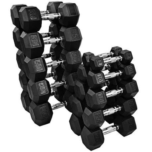 French Fitness Rubber Coated Hex Dumbbell Set 5-50 lbs