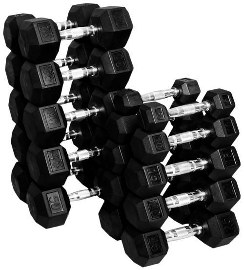 French Fitness Rubber Coated Hex Dumbbell Set 5-50 lbs