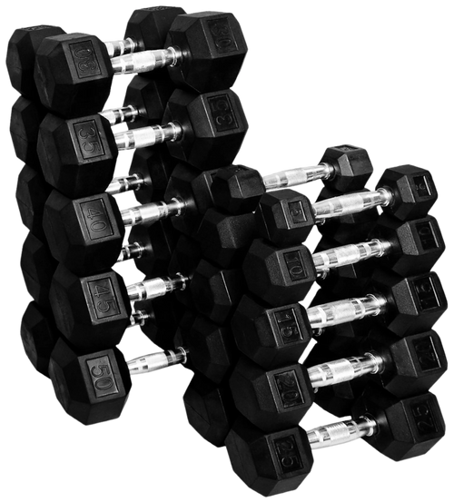 French Fitness Rubber Coated Hex Dumbbell Set 5-50 lbs
