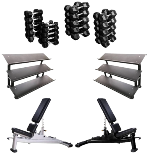 French Fitness Rubber Hex Dumbbell Set 5 to 100 lbs w/Bench + (2) 3 Tier Dumbbell Racks