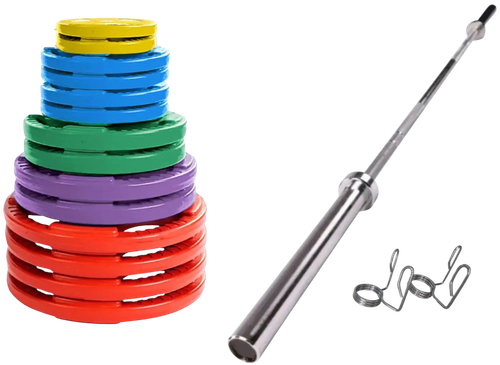 French Fitness Colored Rubber Grip Weight Plate Set w/7 ft Olympic Bar 395 lbs
