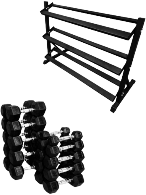 French Fitness Rubber Hex Dumbbell Set 5 to 50 lbs. w/Rack