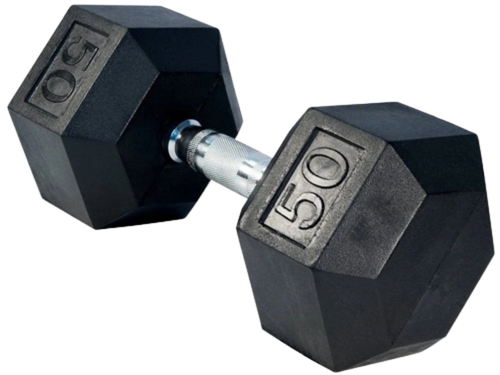 French Fitness Rubber Coated Hex Dumbbell 50 lbs - Single