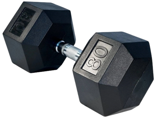 French Fitness Rubber Coated Hex Dumbbell 80 lbs - Single