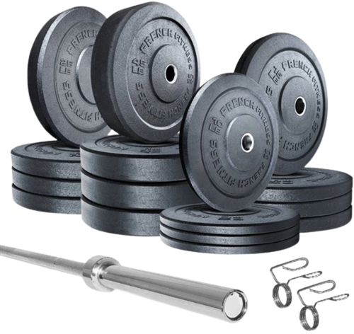 French Fitness Olympic Bumper Plates Set w/7 ft Olympic Bar 425 lbs - Crumb Rubber