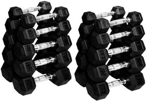 French Fitness Rubber Coated Hex Dumbbell Set 2.5-25 lbs - 10 Pair 