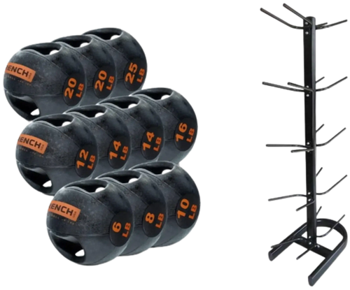 French Fitness Dual Grip Medicine Ball Set of 10 (6 to 25 lbs) w/Rack