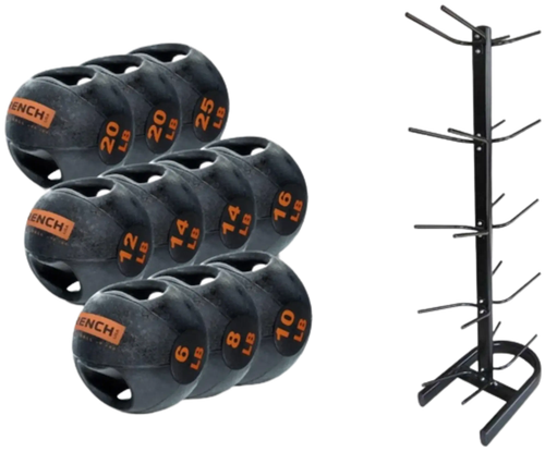 French Fitness Dual Grip Medicine Ball Set of 10 (6 to 25 lbs) w/Rack