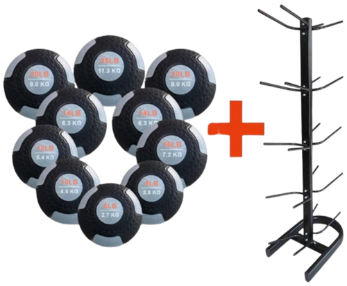 French Fitness Rubber Medicine Ball Set of 10 (6 to 25 lbs) w/Rack