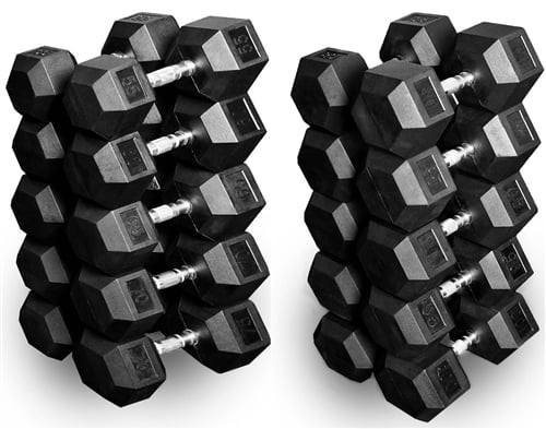 French Fitness Rubber Coated Hex Dumbbell Set 55-100 lbs