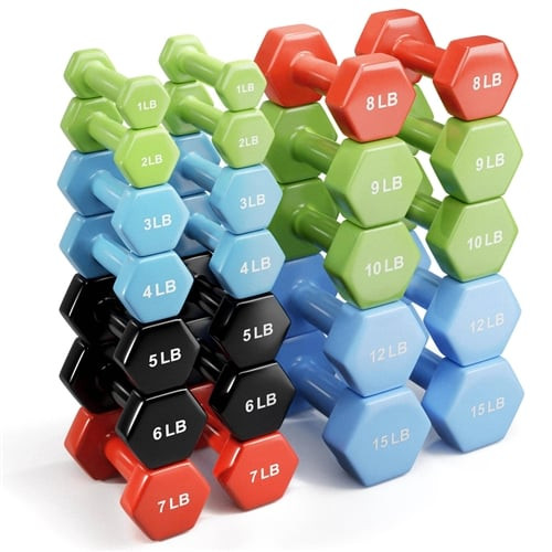 French Fitness Colorful Hex Vinyl Dumbbell Set of 1 to 15 lbs