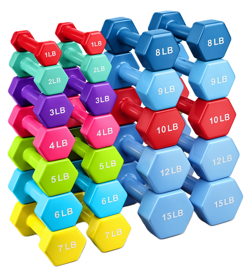 French Fitness Colorful Hex Vinyl Dumbbell Set of 1 to 15 lbs