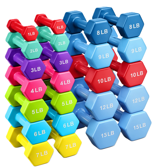 French Fitness Colorful Hex Vinyl Dumbbell Set of 1 to 15 lbs