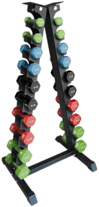 French Fitness Colorful Hex Vinyl Dumbbell Set 1 to 10 lbs w/Rack