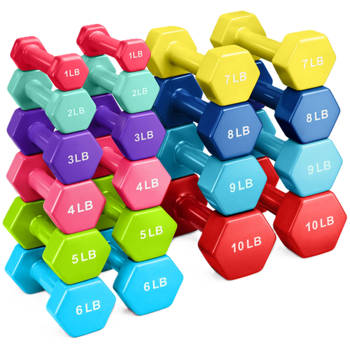 French Fitness Colorful Hex Vinyl Dumbbell Set 1 to 10 lbs w/Rack