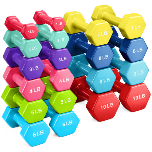 French Fitness Colorful Hex Vinyl Dumbbell Set 1 to 10 lbs w/Rack