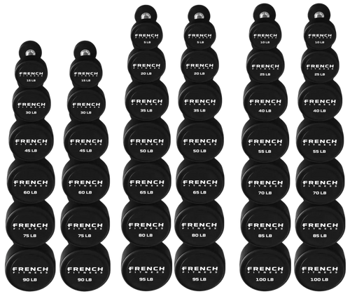 French Fitness Urethane Round Pro Style Dumbbell V2 Set, 5-100 lbs