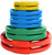 French Fitness Colored Rubber Grip Weight Plate Set w/7 ft Olympic Bar 235 lbs + Bench