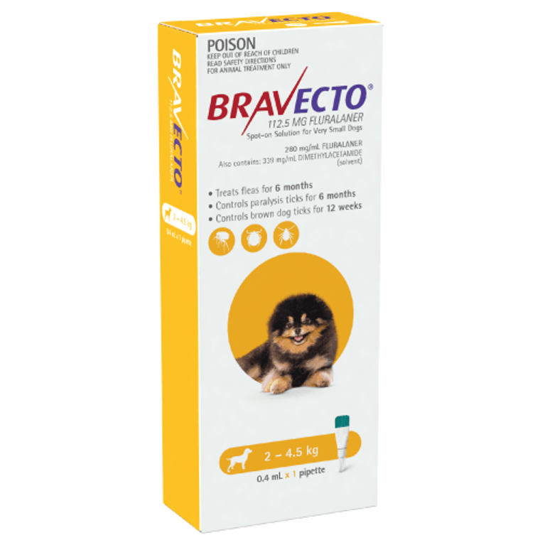 Bravecto SPOT-ON for Small Dogs 4.4-9lbs (2-4.5kg) - Yellow (6 Months)
