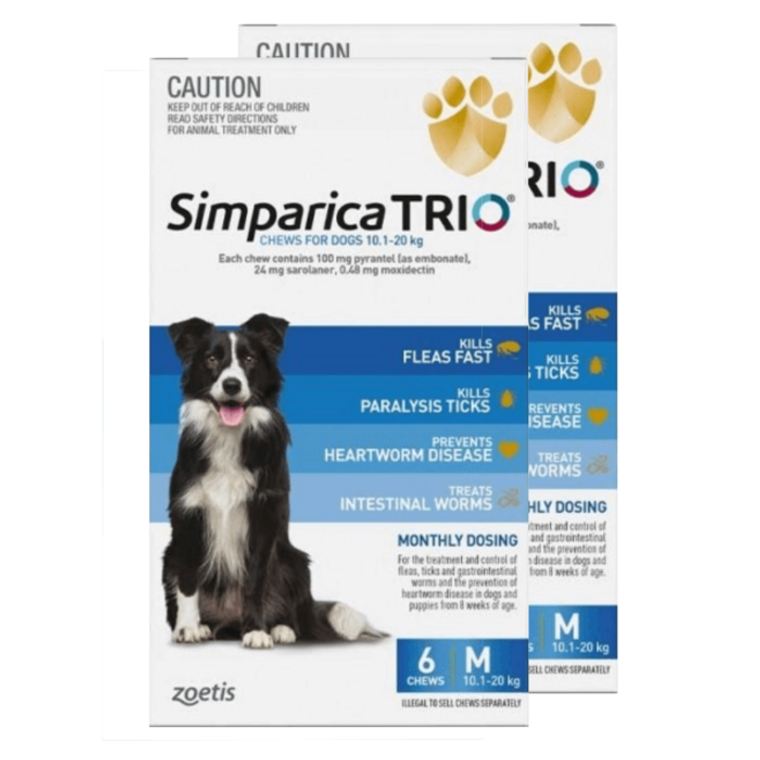 Simparica TRIO for Dogs 10.1-20kg (22.1-44lbs) - Blue - 12 Pack + 2 FREE Doses