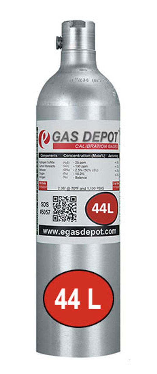 44 Liter-Hydrogen Sulfide 10 ppm/ Carbon Monoxide 50 ppm/ Hexane 0.12% (10% LEL)/ Oxygen 12.0%/ Nitrogen