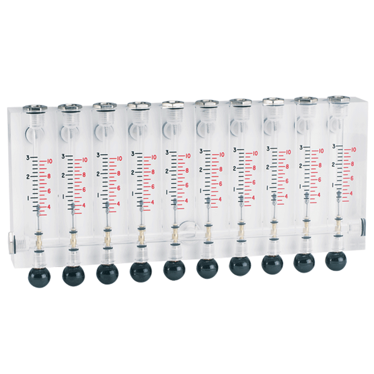 Special Multi-Column Visi-Float® Flowmeters, Perfect for OEM applications, can be custom made with up to 10 columns in a single block of acrylic plastic. Available with or without valves.