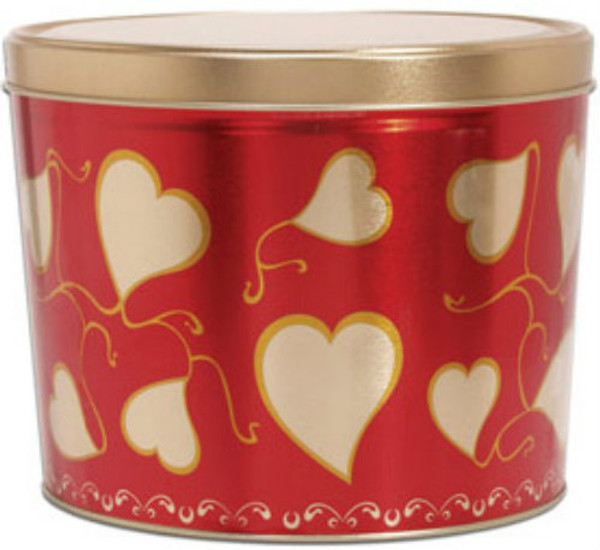 Valentine's Day Tin 2 Gallon filled with All Natural, Cheddar and Dark Caramel