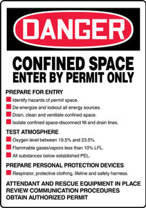 Danger - Confined Space Enter By Permit Only Prepare For Entry ... Test Atmosphere ... Prepare Personal Protective Equipment ... Attendant And Rescue Equipment In Place Review Communication Prodcures Obtain Authorized Permit - Plastic - 20'