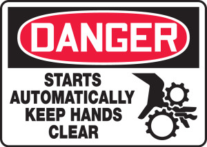 Danger - Starts Automatically Keep Hands Clear (W-Graphic) - Adhesive Dura-Vinyl - 10'' X 14'' Danger - Starts Automatically Keep Hands Clear (W-Graphic) - Adhesive Dura-Vinyl - 10'' X 14''