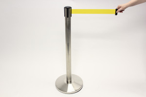 Blockade Retractable Belt Tape Barrier- Brushed Steel Post and Yellow Belt Tape (Indoors) Blockade Retractable Belt Tape Barrier- Brushed Steel Post and Yellow Belt Tape (Indoors)