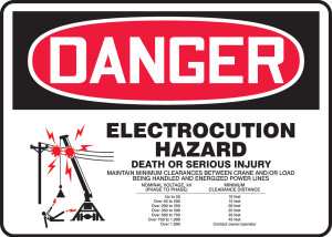 Electrocution Hazard Death Or Serious Injury Maintain Minimum Clearances Between Crane And/Or Load Being Handled And Energized Power Lines (W/ Minimum Clearance Distance Chart) - Plastic - 7'' X 10'' Electrocution Hazard Death Or Serious Injury Maintain Minimum Clearances Between Crane And/Or Load Being Handled And Energized Power Lines (W/ Minimum Clearance Distance Chart) - Plastic - 7'' X 10''