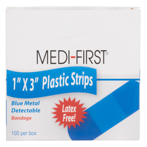 Blue 1 " x 3" Plastic Bandage Strips - Metal Detectable - Latex Free - 100/box Blue 1 " x 3" Plastic Bandage Strips - Metal Detectable - Latex Free - 100/box