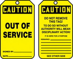 Out of Service- Safety Tag - 25/PK - 5 3/4" x 3 1/4" PF-Cardstock Out of Service- Safety Tag - 25/PK - 5 3/4" x 3 1/4" PF-Cardstock
