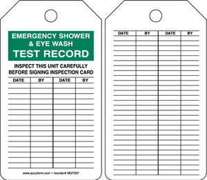 Safety Tag: Emergency Shower & Eye Wash Test Record - Inspect This Unit Carefully Before Signing Inspection Card