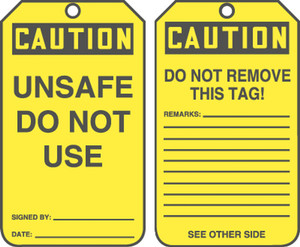 Unsafe Do Not Use - Yellow - 5 3/4" x 3 1/4" - PF Cardstock - 25/PK - Safety Tag Unsafe Do Not Use - Yellow - 5 3/4" x 3 1/4" - PF Cardstock - 25/PK - Safety Tag